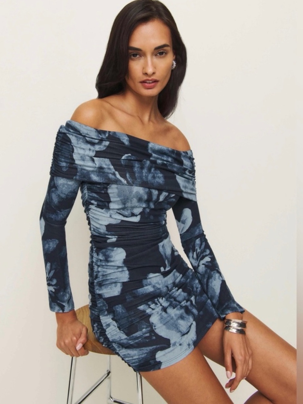 Reformation Navy and Light Blue Floral Off-Shoulder Dress